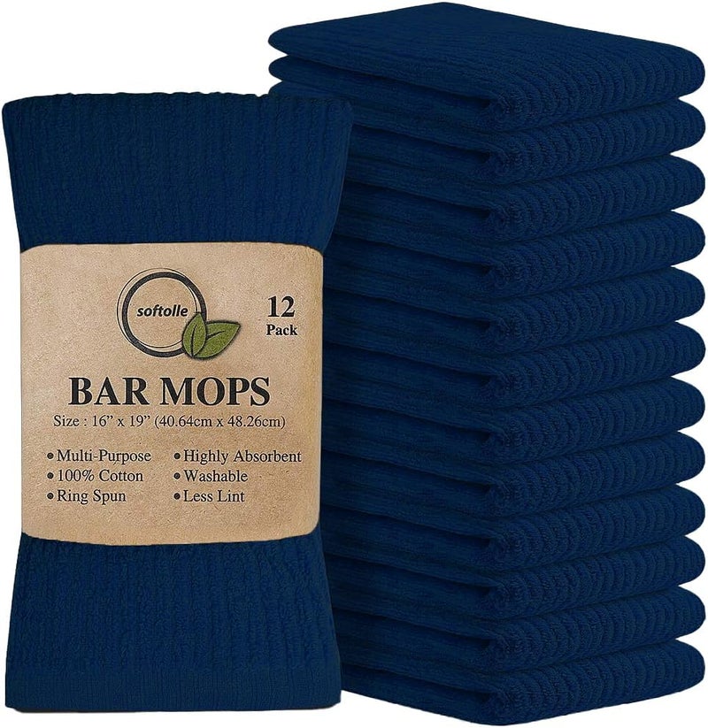 Softolle Bar Mop Towels, Pack of 12-16x19 Inches - 100% Cotton Super Absorbent Towels, Multi-Purpose for Home and Bar Cleaning (Navy Blue) - Image 1